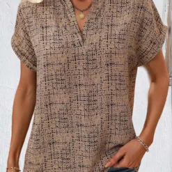 Geometric Print Split Light Coffee Short Sleeve Blouse
