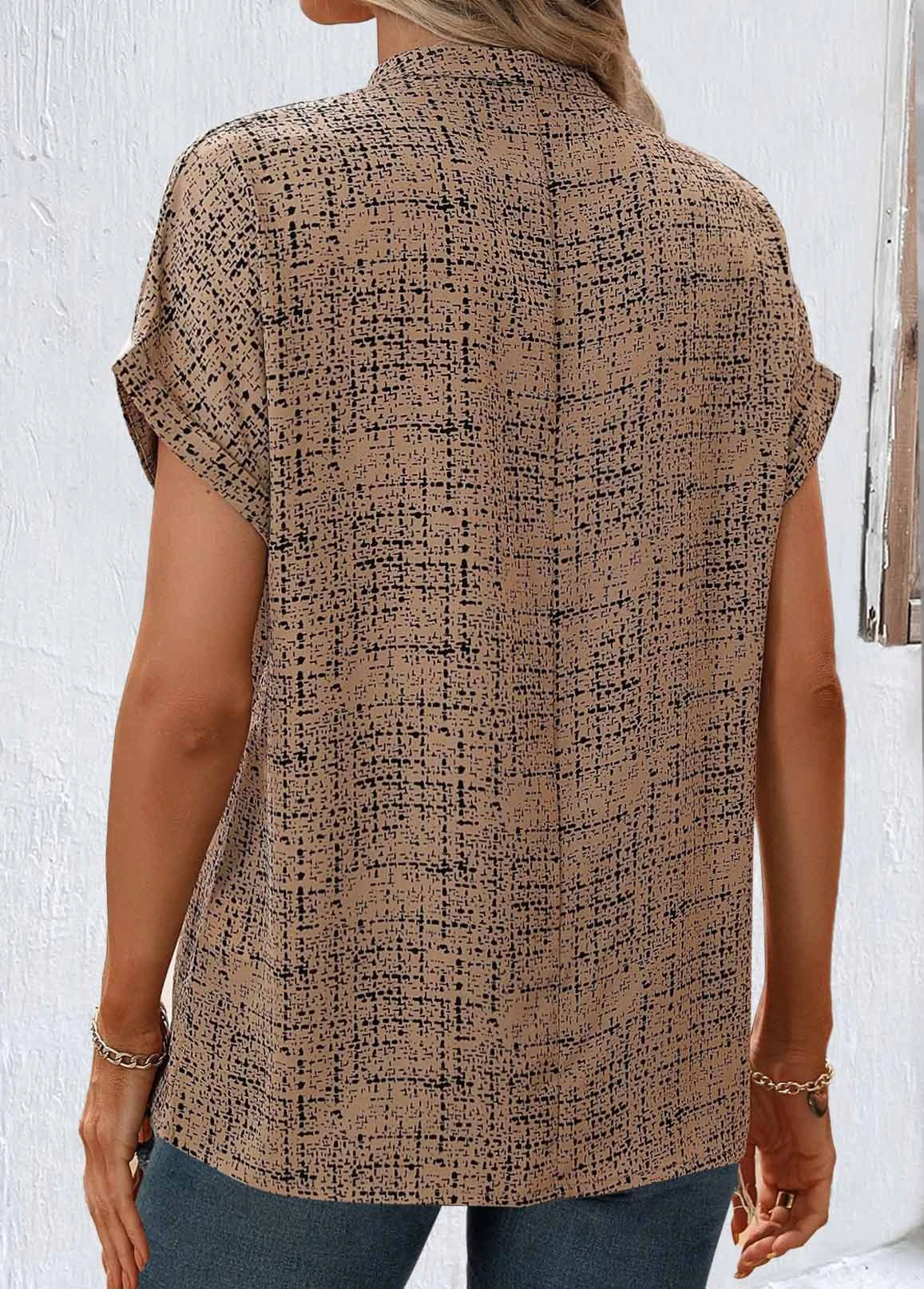 Geometric Print Split Light Coffee Short Sleeve Blouse 2 Geometric Print Split Light Coffee Short Sleeve Blouse - Image 2