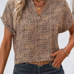 Geometric Print Split Light Coffee Short Sleeve Blouse 5 Geometric Print Split Light Coffee Short Sleeve Blouse -Rosewe Online Store 335343 P 1685513952324