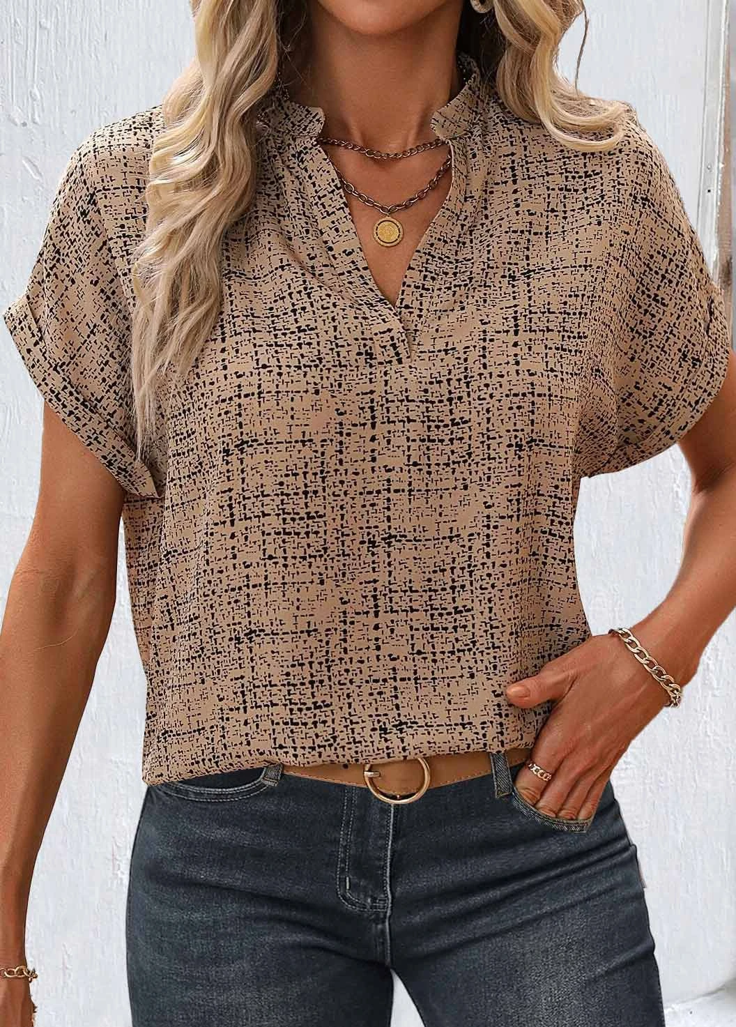 Geometric Print Split Light Coffee Short Sleeve Blouse 3 Geometric Print Split Light Coffee Short Sleeve Blouse - Image 3