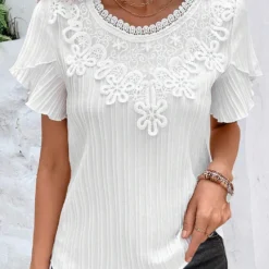 Patchwork Round Neck Short Sleeve White T Shirt