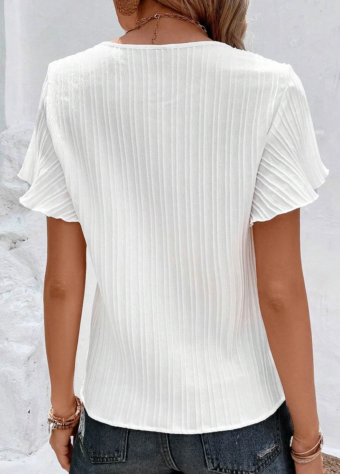 Patchwork Round Neck Short Sleeve White T Shirt 2 Patchwork Round Neck Short Sleeve White T Shirt - Image 2