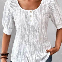 Plus Size White Button Short Sleeve Blouse