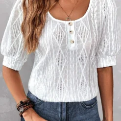 Plus Size White Button Short Sleeve Blouse 5 Plus Size White Button Short Sleeve Blouse -Rosewe Online Store 335517 P 1685696750383