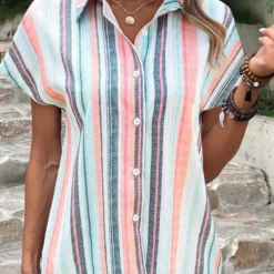 Plus Size Multi Color Button Striped Blouse