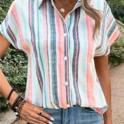 Plus Size Multi Color Button Striped Blouse -Rosewe Online Store 335585 P 1686215516787