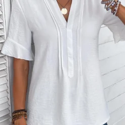 Patchwork Split Neck Half Sleeve White Blouse 11 Patchwork Split Neck Half Sleeve White Blouse -Rosewe Online Store 335600 P 16869216252645