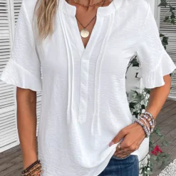 Patchwork Split Neck Half Sleeve White Blouse