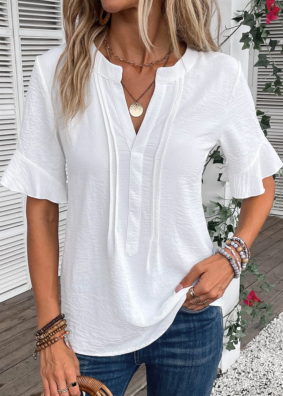 Patchwork Split Neck Half Sleeve White Blouse 1 Patchwork Split Neck Half Sleeve White Blouse
