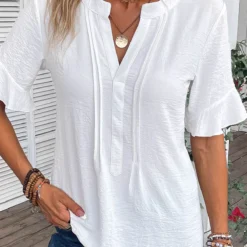 Patchwork Split Neck Half Sleeve White Blouse 10 Patchwork Split Neck Half Sleeve White Blouse -Rosewe Online Store 335600 P 16869216258454