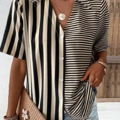 Striped Button Dark Camel Turn Down Collar Blouse