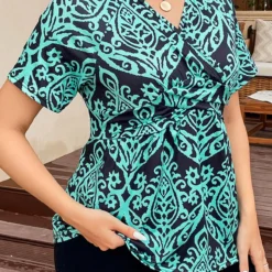 Turquoise Plus Size Surplice Tribal Print T Shirt 11 Turquoise Plus Size Surplice Tribal Print T Shirt -Rosewe Online Store 335817 P 16886222062515
