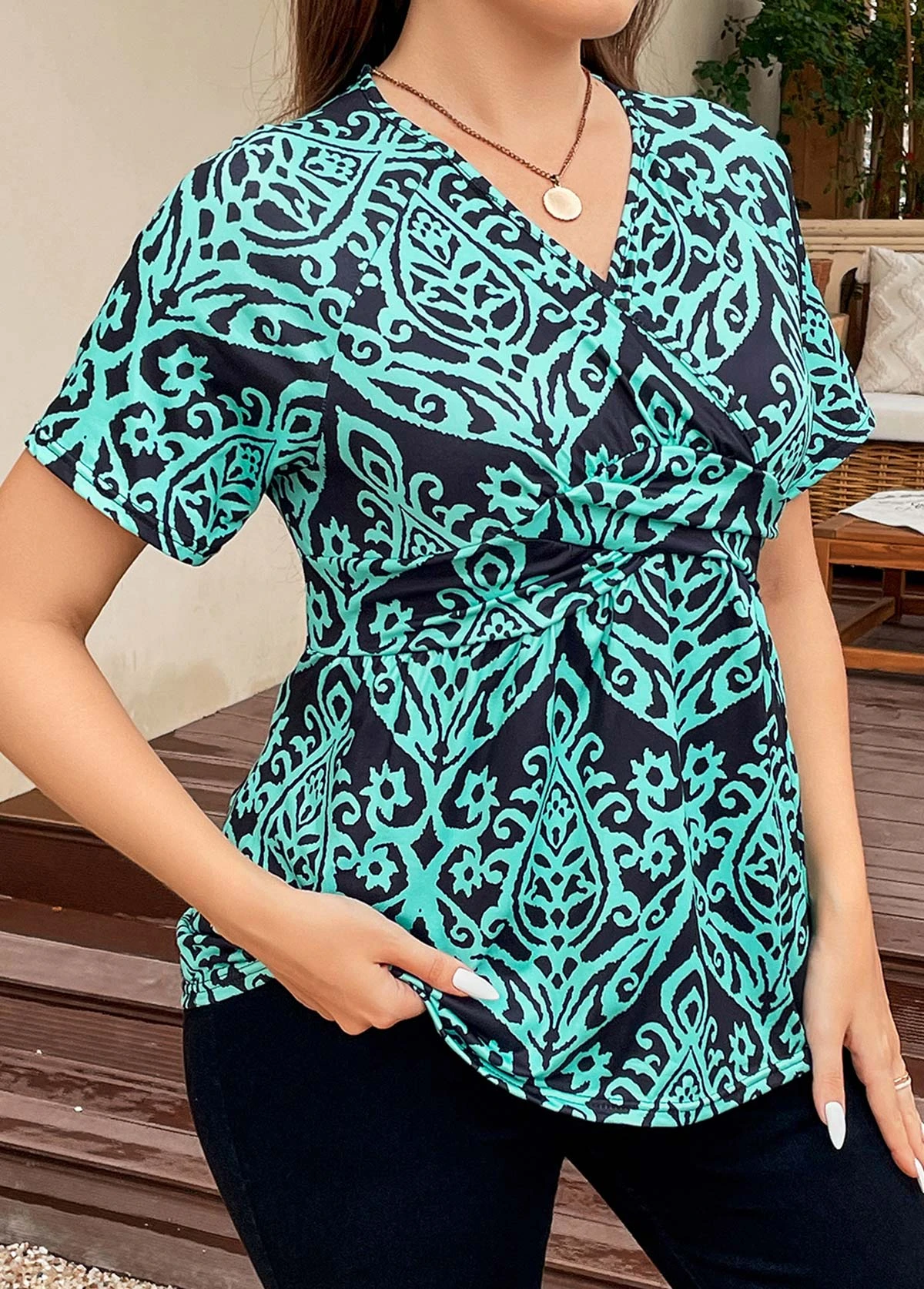 Turquoise Plus Size Surplice Tribal Print T Shirt 6 Turquoise Plus Size Surplice Tribal Print T Shirt - Image 6