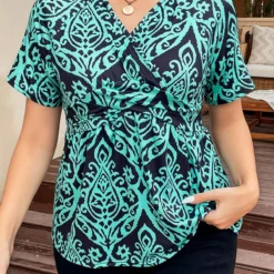 Turquoise Plus Size Surplice Tribal Print T Shirt 10 Turquoise Plus Size Surplice Tribal Print T Shirt -Rosewe Online Store 335817 P 16886222063414