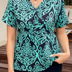 Turquoise Plus Size Surplice Tribal Print T Shirt