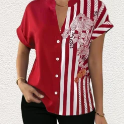 Floral Print Patchwork Red V Neck Blouse