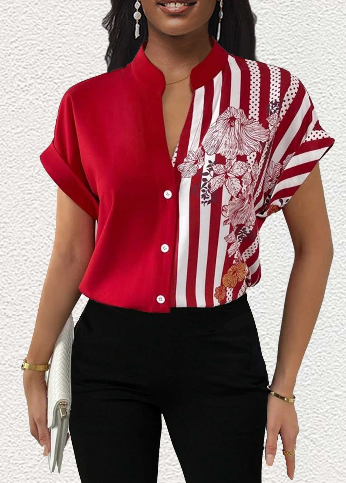Floral Print Patchwork Red V Neck Blouse 3 Floral Print Patchwork Red V Neck Blouse - Image 3