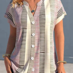 Striped Button Multi Color Split Neck Blouse