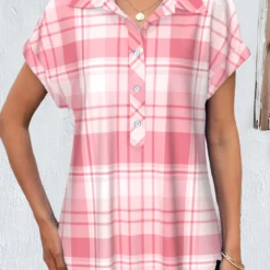 Plaid Button Pink Shirt Collar Short Sleeve Blouse