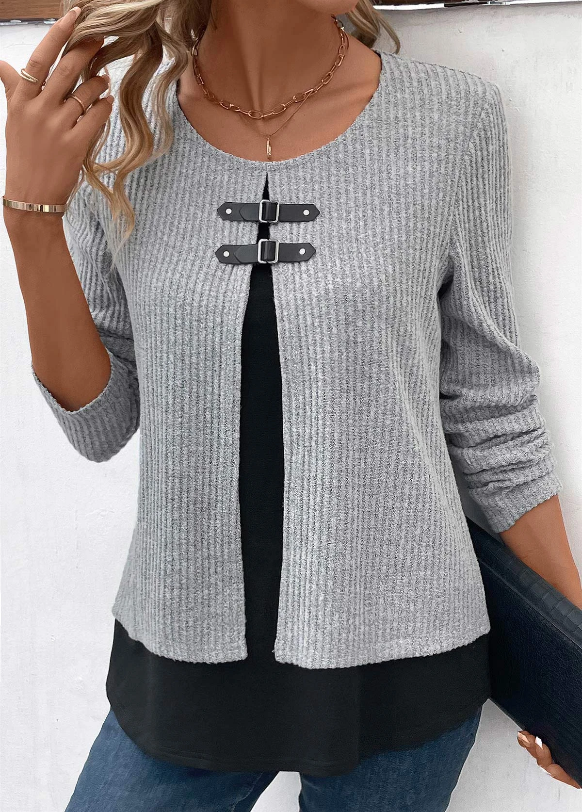 Round Neck Layered Light Grey Marl Blouse 3 Round Neck Layered Light Grey Marl Blouse - Image 3