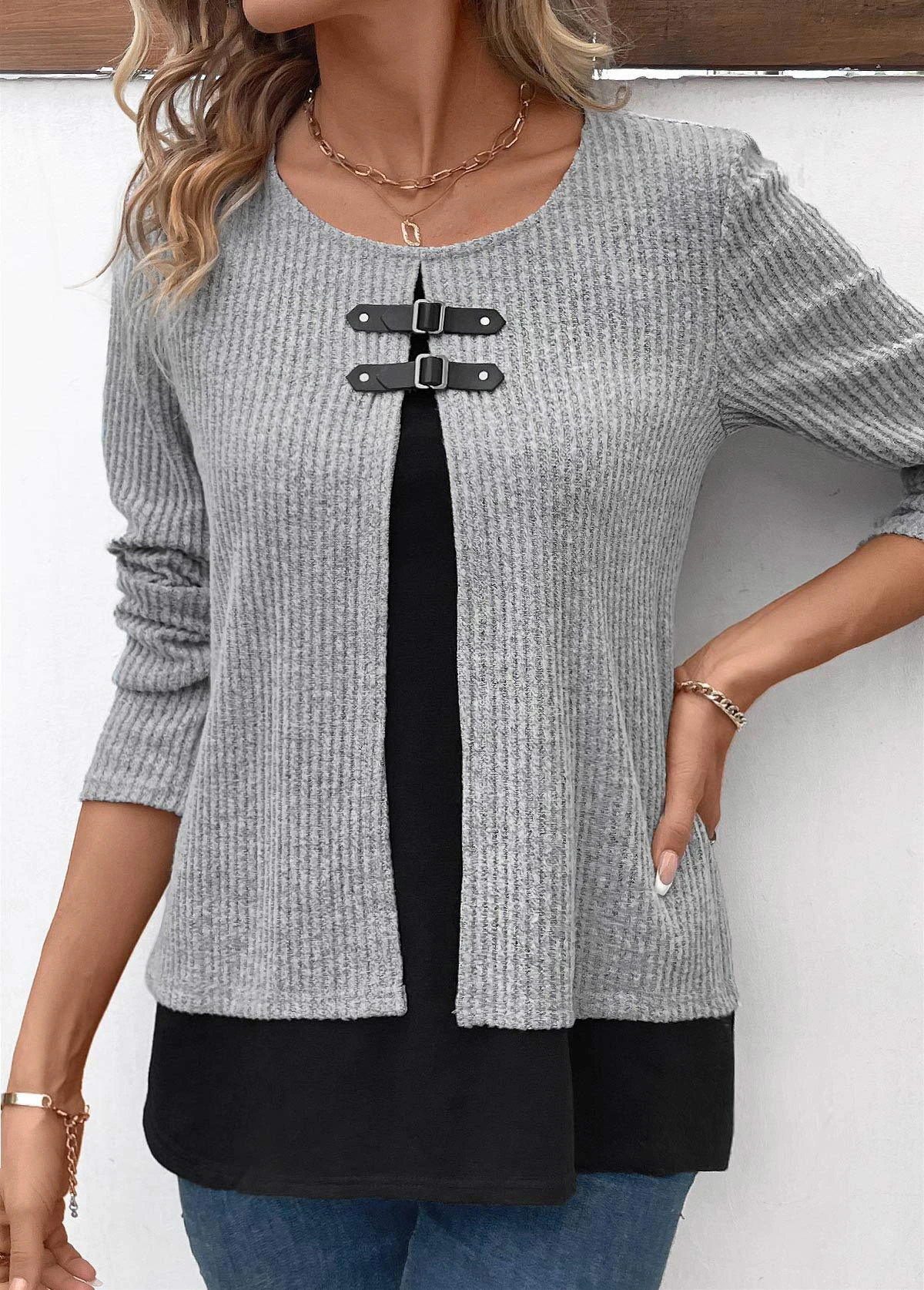 Round Neck Layered Light Grey Marl Blouse 4 Round Neck Layered Light Grey Marl Blouse - Image 4