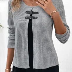 Round Neck Layered Light Grey Marl Blouse