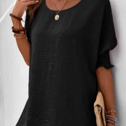 Smocked Round Neck Half Sleeve Black T Shirt
