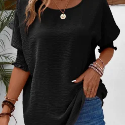 Smocked Round Neck Half Sleeve Black T Shirt -Rosewe Online Store 336545 P 16873430766454