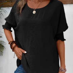 Smocked Round Neck Half Sleeve Black T Shirt -Rosewe Online Store 336545 P 16873430768322