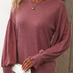 Long Sleeve Smocked Coral Round Neck T Shirt 10 Long Sleeve Smocked Coral Round Neck T Shirt -Rosewe Online Store 336575 P 16878660291154