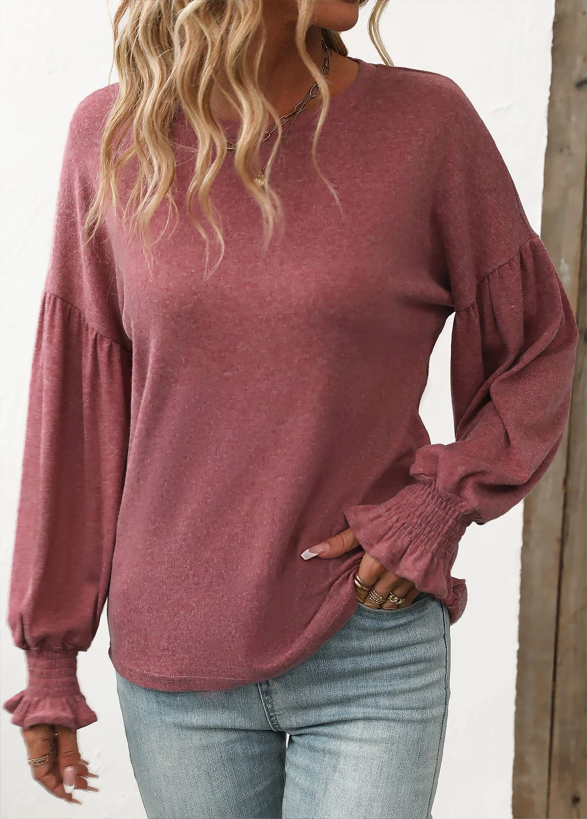 Long Sleeve Smocked Coral Round Neck T Shirt 1 Long Sleeve Smocked Coral Round Neck T Shirt