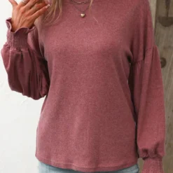 Long Sleeve Smocked Coral Round Neck T Shirt 9 Long Sleeve Smocked Coral Round Neck T Shirt -Rosewe Online Store 336575 P 16878660293293