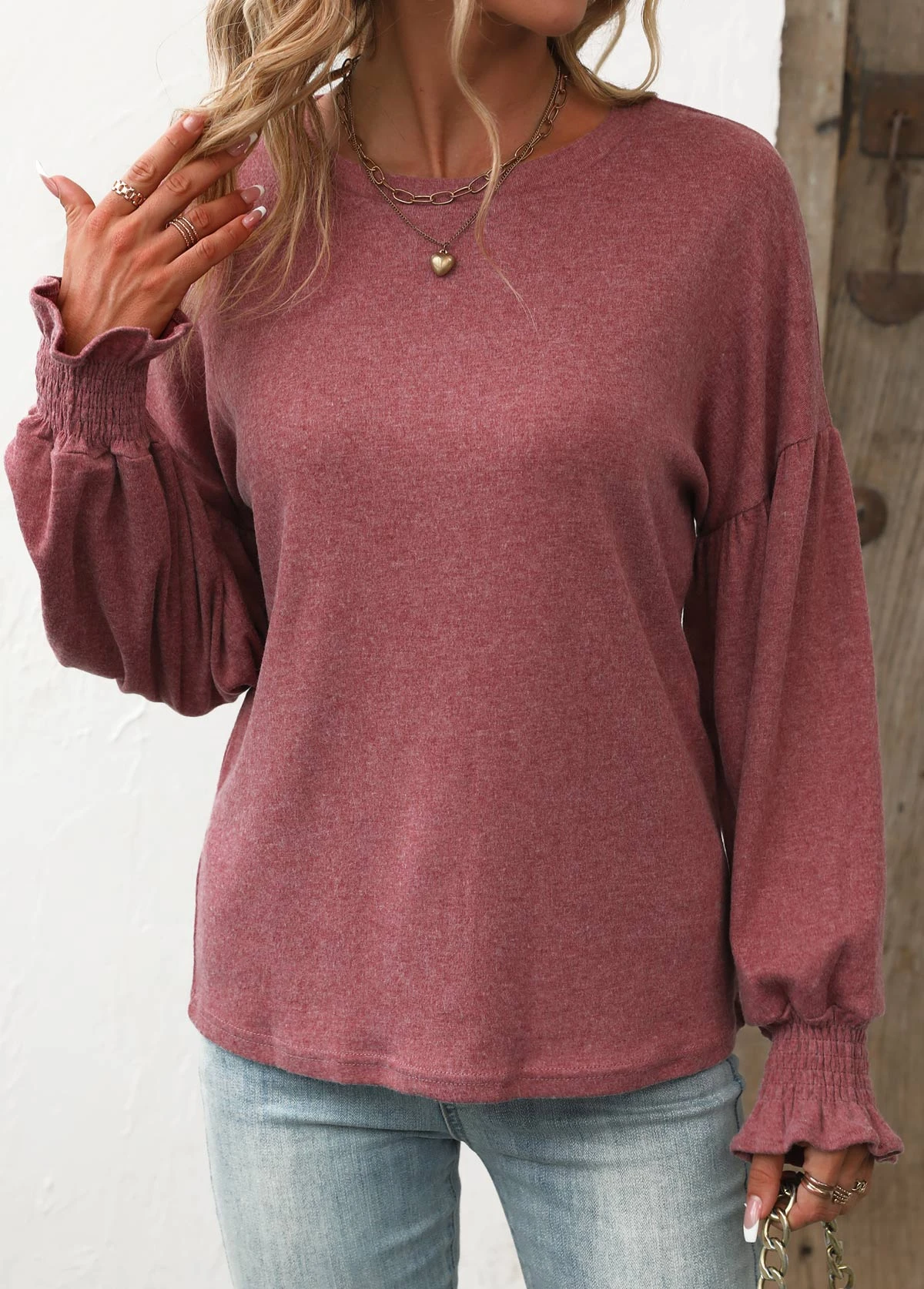 Long Sleeve Smocked Coral Round Neck T Shirt 4 Long Sleeve Smocked Coral Round Neck T Shirt - Image 4