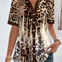 Leopard Patchwork Dark Camel Shirt Collar Blouse