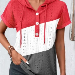 Button Hooded Short Sleeve Multi Color T Shirt