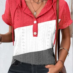 Button Hooded Short Sleeve Multi Color T Shirt -Rosewe Online Store 337506 P 1689761853667