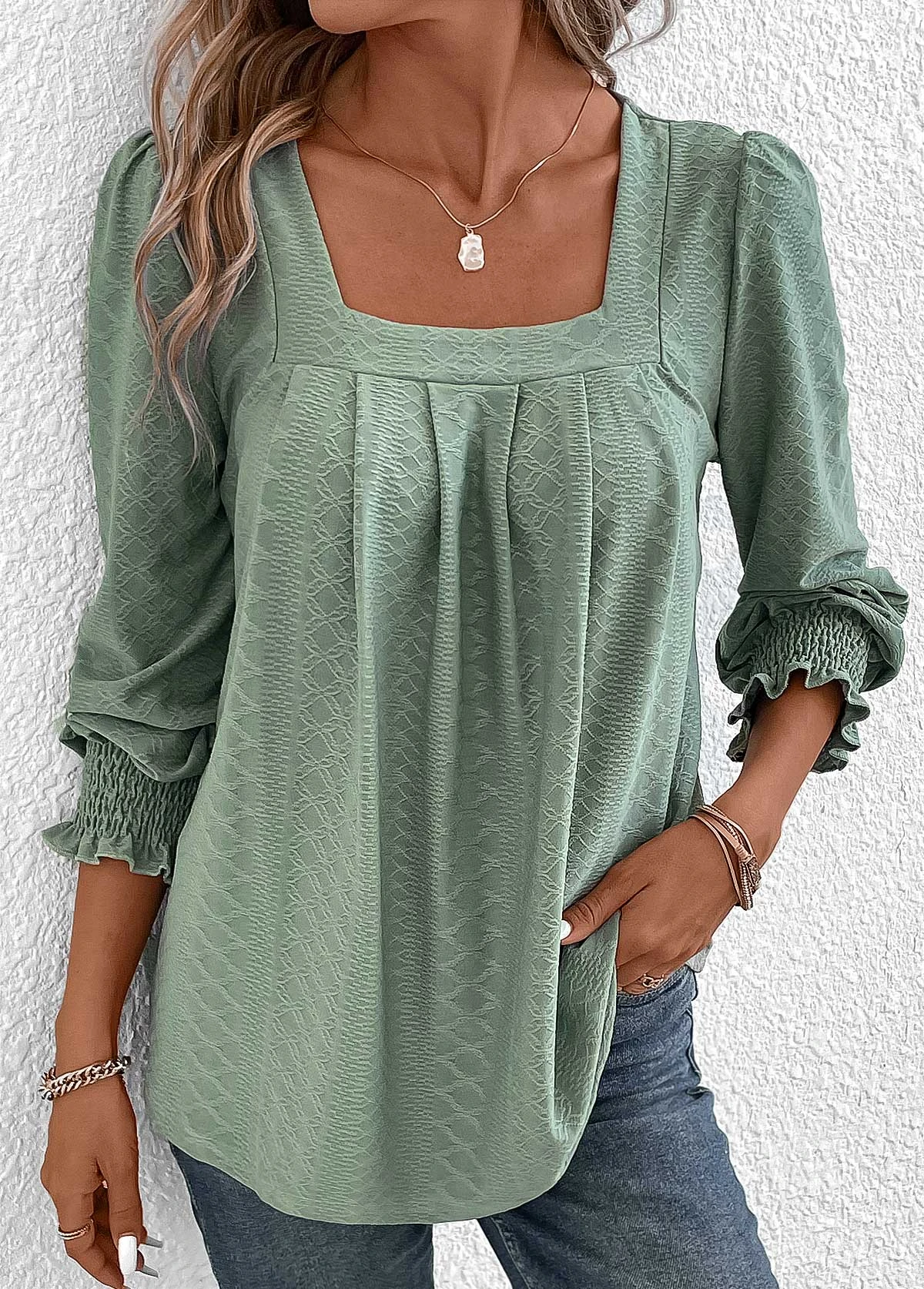 Green Square Neck Long Sleeve Smocked T Shirt 5 Green Square Neck Long Sleeve Smocked T Shirt - Image 5