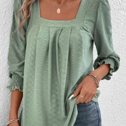 Green Square Neck Long Sleeve Smocked T Shirt 11 Green Square Neck Long Sleeve Smocked T Shirt -Rosewe Online Store 337554 P 16897662700845