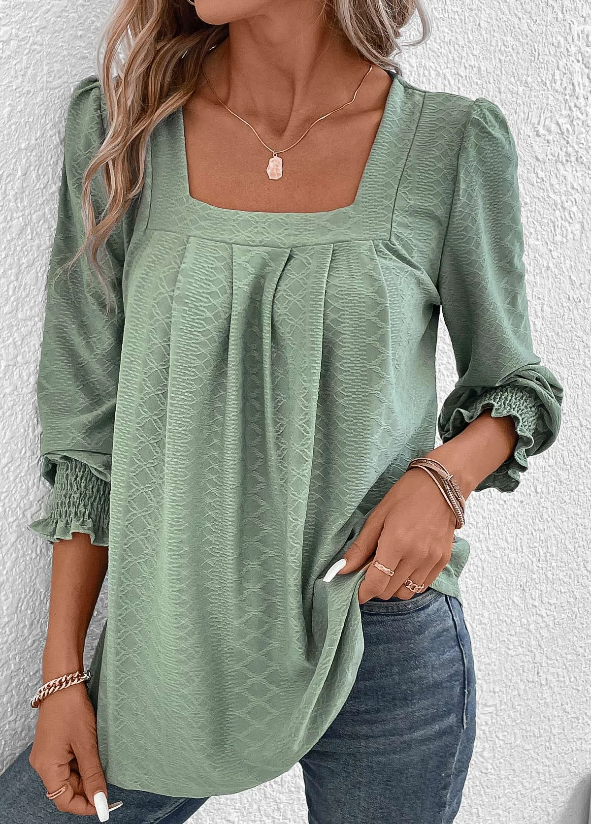 Green Square Neck Long Sleeve Smocked T Shirt 6 Green Square Neck Long Sleeve Smocked T Shirt - Image 6
