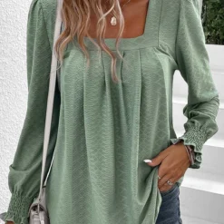 Green Square Neck Long Sleeve Smocked T Shirt