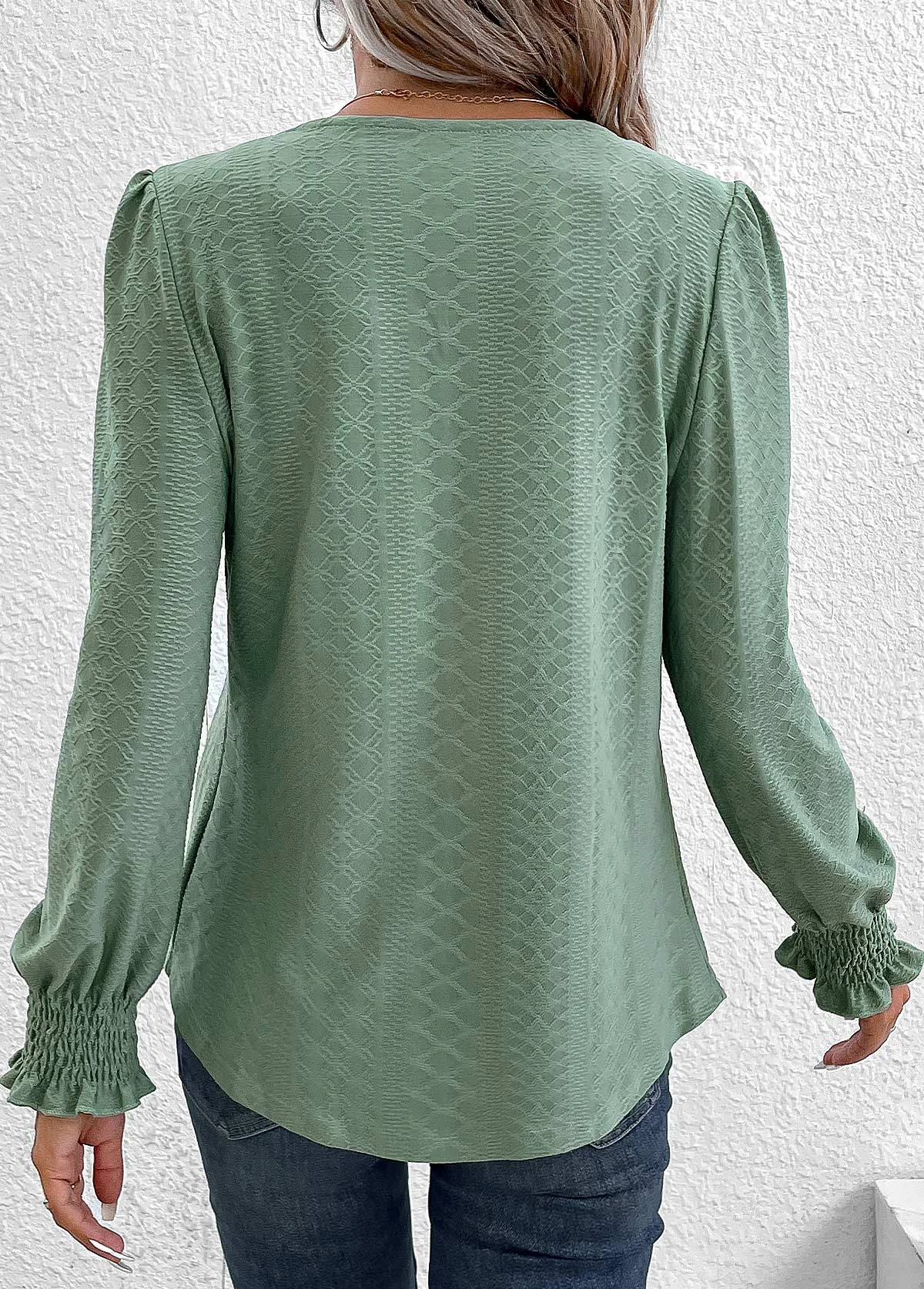 Green Square Neck Long Sleeve Smocked T Shirt 2 Green Square Neck Long Sleeve Smocked T Shirt - Image 2