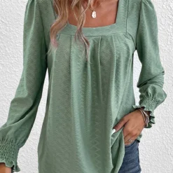 Green Square Neck Long Sleeve Smocked T Shirt 9 Green Square Neck Long Sleeve Smocked T Shirt -Rosewe Online Store 337554 P 16897662703933