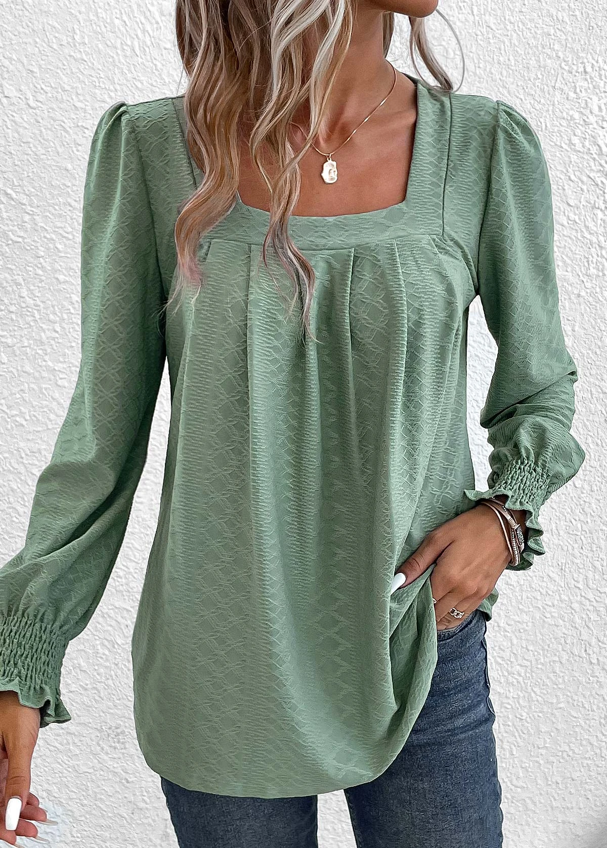 Green Square Neck Long Sleeve Smocked T Shirt 4 Green Square Neck Long Sleeve Smocked T Shirt - Image 4