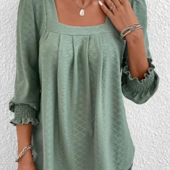 Green Square Neck Long Sleeve Smocked T Shirt 8 Green Square Neck Long Sleeve Smocked T Shirt -Rosewe Online Store 337554 P 16897662706842