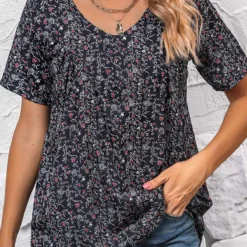 Ditsy Floral Print Ruched Black V Neck Blouse