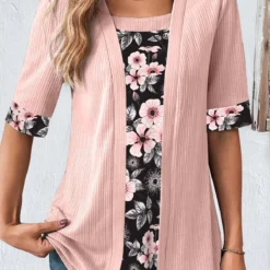 Plus Size Light Pink Fake 2in1 T Shirt