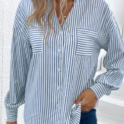 Striped Pocket Blue Shirt Collar Long Sleeve Blouse 10 Striped Pocket Blue Shirt Collar Long Sleeve Blouse -Rosewe Online Store 337999 P 16897661310443