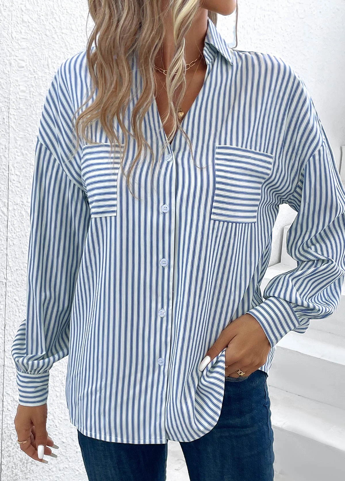 Striped Pocket Blue Shirt Collar Long Sleeve Blouse 5 Striped Pocket Blue Shirt Collar Long Sleeve Blouse - Image 5