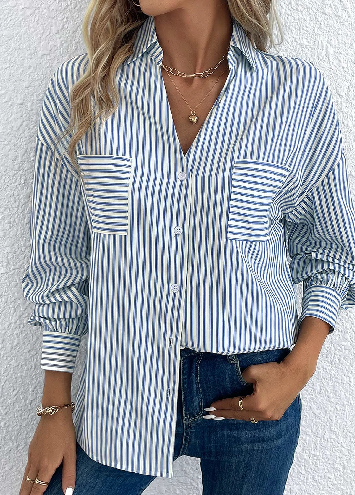 Striped Pocket Blue Shirt Collar Long Sleeve Blouse 4 Striped Pocket Blue Shirt Collar Long Sleeve Blouse - Image 4