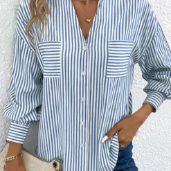 Striped Pocket Blue Shirt Collar Long Sleeve Blouse 11 Striped Pocket Blue Shirt Collar Long Sleeve Blouse -Rosewe Online Store 337999 P 16897661313654